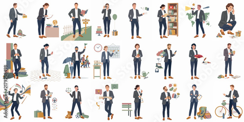 A diverse collection of flat vector illustrations featuring professional people engaged in various work, lifestyle, and leisure activities throughout their daily lives.