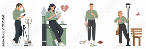 Flat vector illustration set of people in different activities such as content creation, digital art, dating, and waiting in a park.