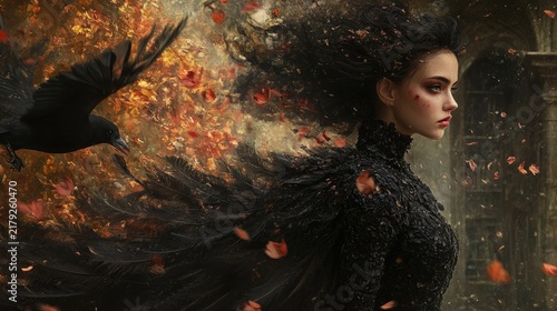 Gothic woman in black dress with flying raven in autumn forest, dark fantasy portrait.