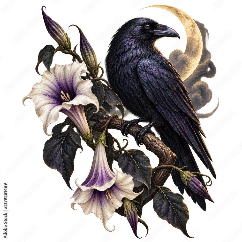Fototapeta premium Raven on datura branch gothic Halloween transparent PNG