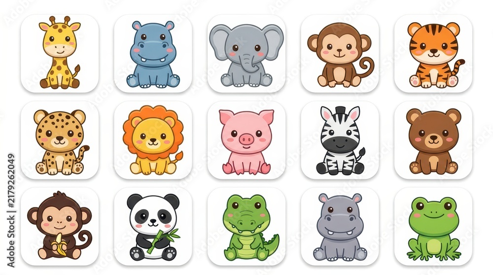 Fototapeta premium Set of Cute Cartoon Animal Icons for Kids Education and App Design, Kawaii Wildlife Characters Collection