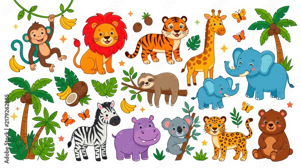 Naklejka premium Cute Cartoon Wild Animals Collection with Lion Tiger Elephant Giraffe Monkey and Tropical Jungle Elements for Kids