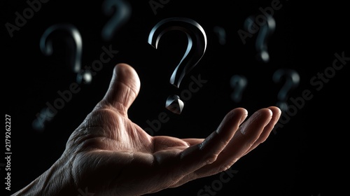 Tapety artystyczne Hand Reaching Out to Floating Question Marks in Darkness.