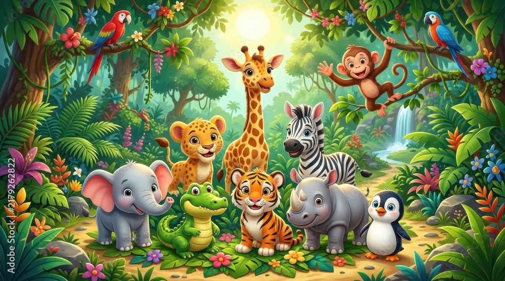 Fototapeta premium Vibrant Illustration of Friendly Safari and Jungle Baby Animals Gathering in a Sunny Tropical Forest