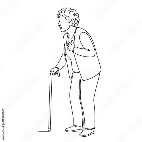 Elderly woman using cane and showing concern or discomfort while standing. Senior woman with cane demonstrates vulnerability and health awareness.