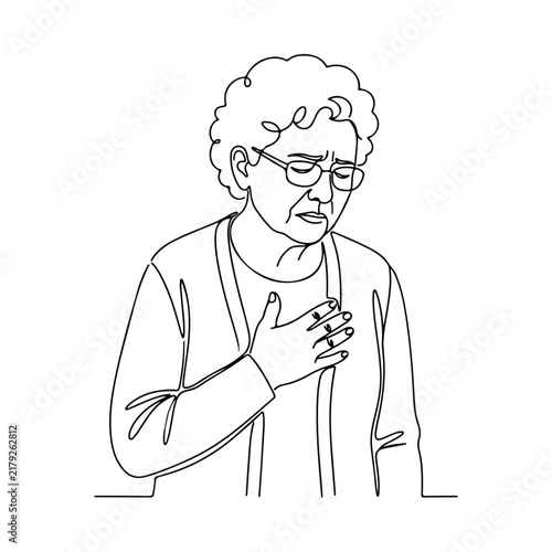 Senior woman showing heart attack symptoms with hand on chest, indicating discomfort and health issue. Heart attack symptoms observed in elderly women highlight importance of awareness and education.