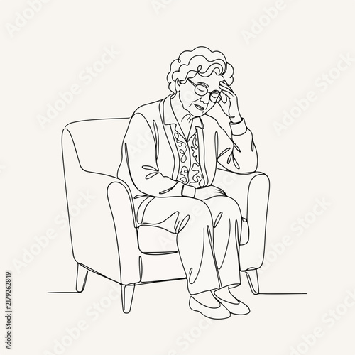 Elderly woman sitting on chair feeling thoughtful and reflecting on life. The woman appears contemplative while seated, lost in thoughts about personal experiences and memories.