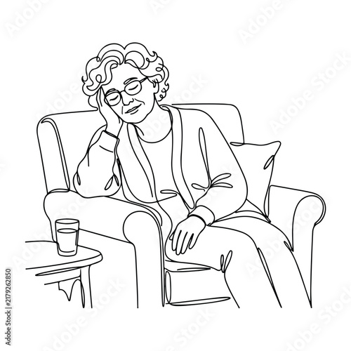 Relaxing elderly woman sitting on couch with glass of water, enjoying peaceful moment in cozy living room. Calm and serene atmosphere promoting relaxation for home comfort concepts.