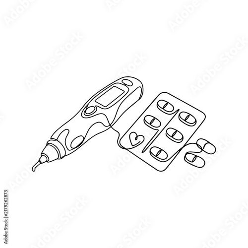 Tonometer and heart pills composition with digital monitor and medicine strips. Medical setup includes tonometer and heart-related capsules, suggesting health monitoring and wellness.