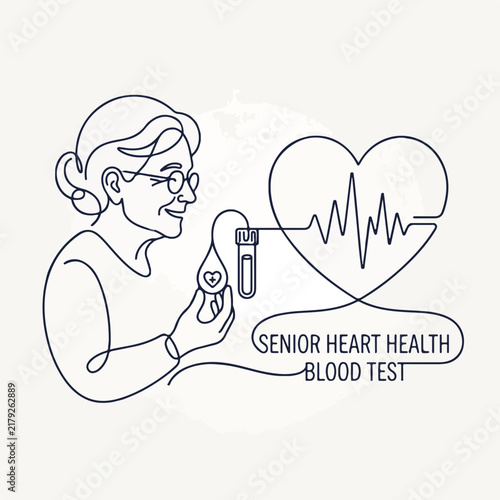 Senior heart health with blood test, elderly woman smiles while holding blood sample and heart monitor. Heart health importance for senior wellness, promotes healthy lifestyle and regular check-ups.