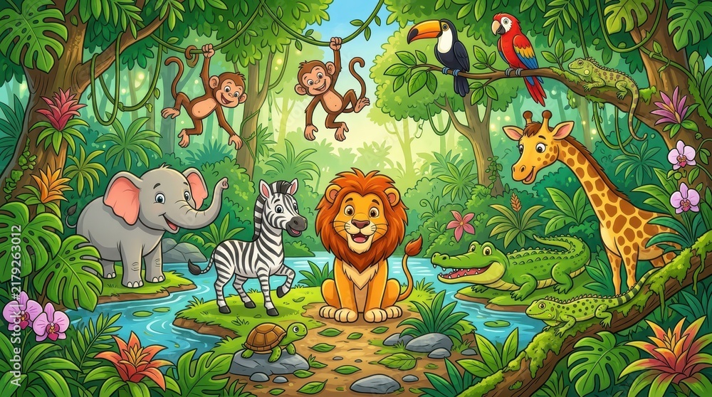 Obraz premium Cute Cartoon Jungle Animals Illustration with Lion Elephant Giraffe Zebra and Monkeys in Tropical Forest