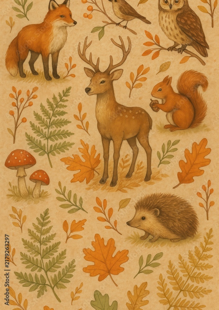 Fototapeta premium Woodland creatures autumn pattern