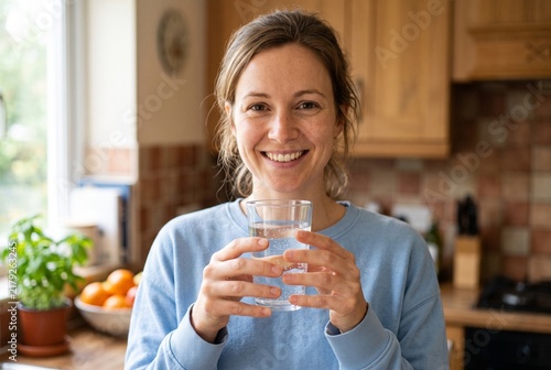 Smiling Woman Holding a Glass of Sparkling Water in Home Kitchen