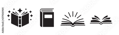 Minimalist black book icon set featuring magical sparkles and open pages for library or education.