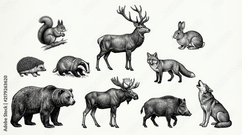 Fototapeta premium Vintage Hand Drawn Forest Animals Collection Engraving Style Illustration Set with Bear Deer Wolf Fox Moose and Squirrel