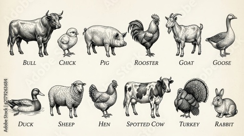 Vintage Farm Animal Illustration Set Featuring Bull Pig Rooster Goat Sheep and Cow in Classic Engraving Style