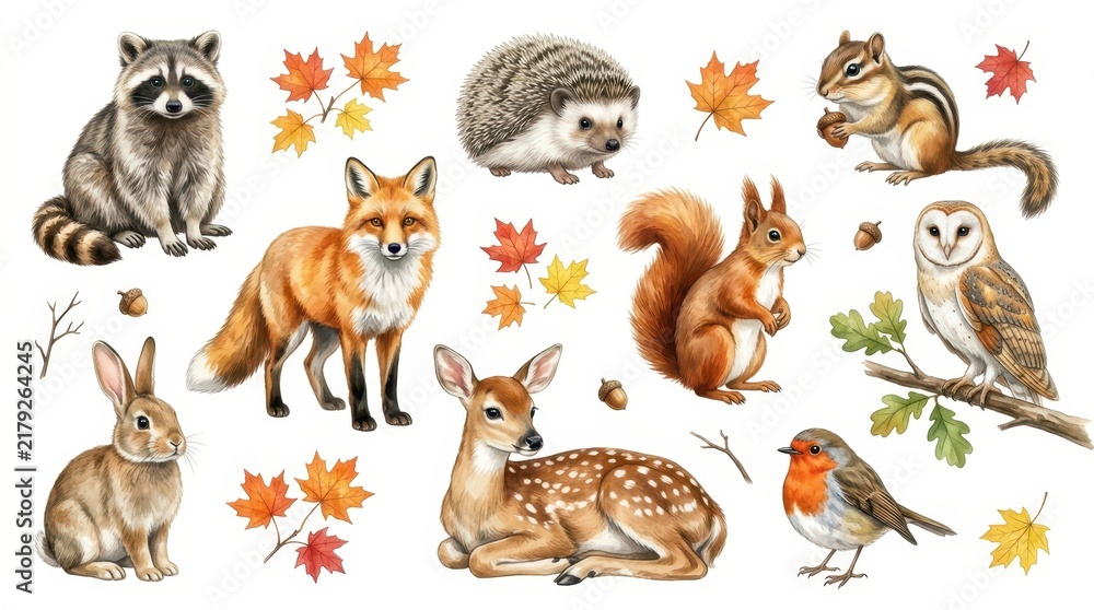 Obraz premium Watercolor Woodland Animals and Autumn Leaves Set - Fox, Deer, Raccoon, Owl, Squirrel, Hedgehog, Rabbit, Robin