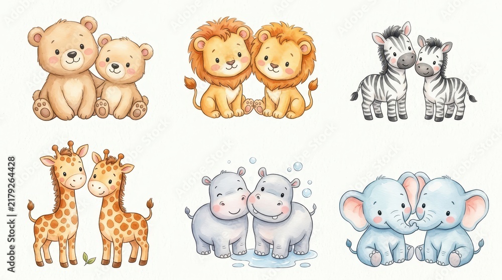 Obraz premium Cute Watercolor Baby Animal Pairs Set with Bears, Lions, Zebras, Giraffes, Hippos, and Elephants for Nursery Decor