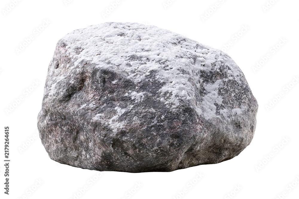 Obraz premium Snow covered garden rock with natural stone texture, isolated PNG on transparent background