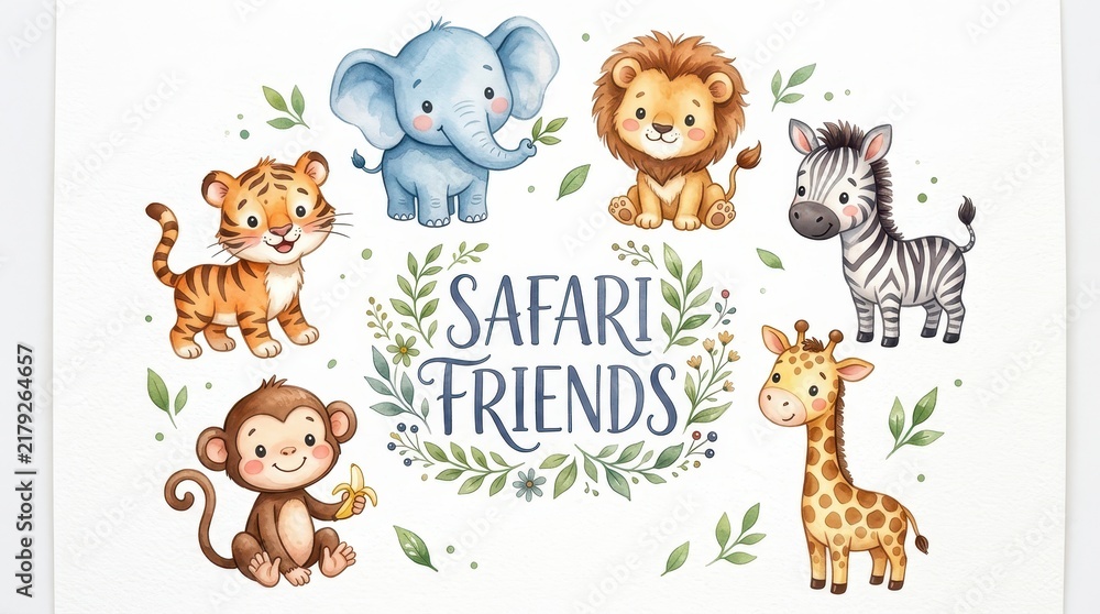 Fototapeta premium Cute Watercolor Safari Animals Set with Lion, Tiger, Elephant, Giraffe, Zebra, and Monkey - Safari Friends Nursery Art