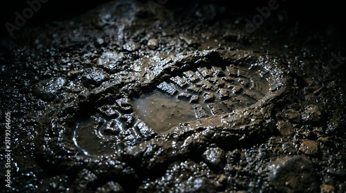 Single deep empty boot print pressed heavily into wet cave mud slowly filling with murky water illustrating the lasting human carbon footprint on nature