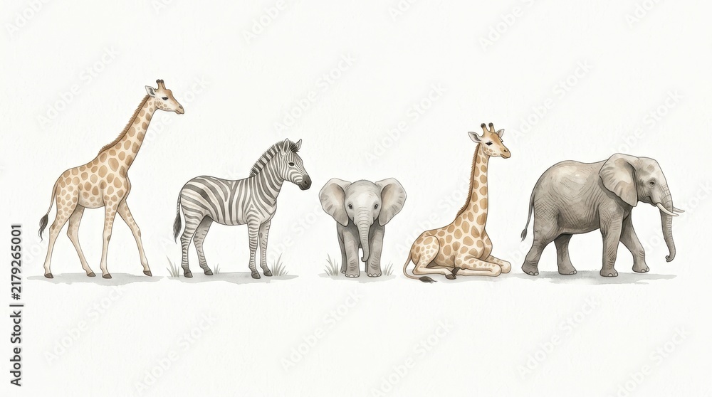 Obraz premium Watercolor African Safari Animals Set Featuring Giraffes, Zebra, and Elephants on White Background