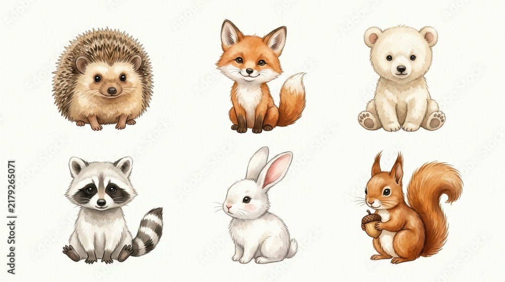 Fototapeta premium Cute Watercolor Baby Forest Animals Set - Hedgehog, Fox, Bear, Raccoon, Rabbit, and Squirrel Illustrations for Kids Decor