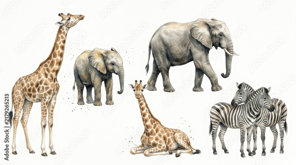 Fototapeta premium Watercolor African Safari Animals Set Featuring Giraffes, Elephants, and Zebras Isolated on White Background for Design
