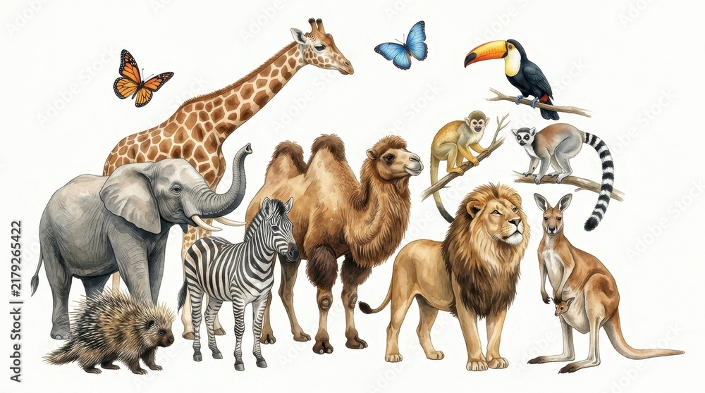 Obraz premium Watercolor Illustration of Diverse Wild Animals Set Including Elephant, Giraffe, Lion, and Zebra Isolated on White Background