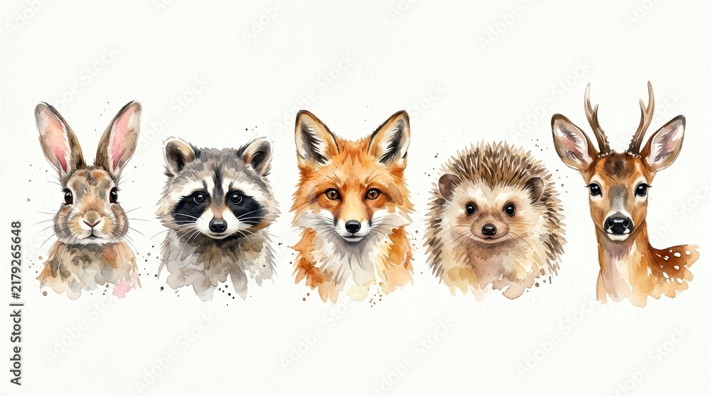 Obraz premium Watercolor Woodland Animals Collection - Rabbit, Raccoon, Fox, Hedgehog, and Deer Portraits Isolated on White Background