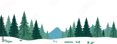 Winter Forest Landscape with Pine Trees, Snow and Mountains, Vector Illustration Banner