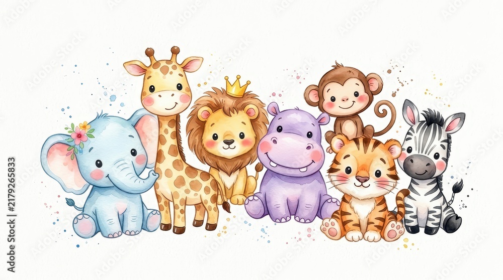 Obraz premium Cute Watercolor Baby Safari Animals Collection with Elephant Giraffe Lion Hippo Monkey Tiger and Zebra
