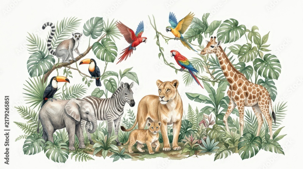 Obraz premium Watercolor Jungle Animals Illustration with Lion, Elephant, Giraffe, Zebra, and Tropical Birds on White Background