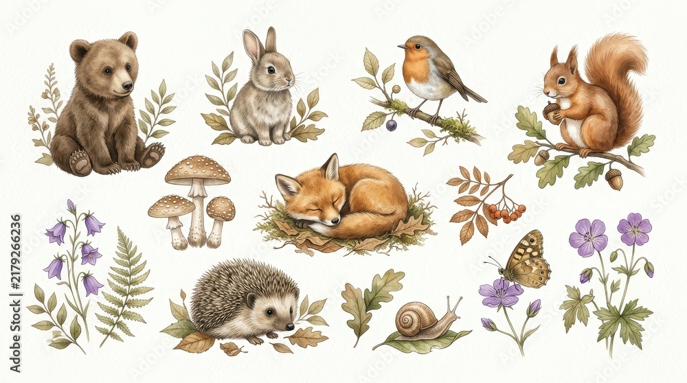 Obraz premium Watercolor Woodland Animals and Forest Flora Collection with Bear, Fox, Rabbit, and Hedgehog Illustrations.