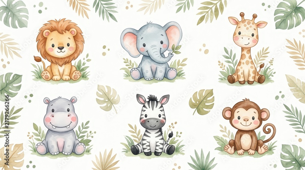 Obraz premium Cute Watercolor Baby Safari Animals Set with Lion Elephant Giraffe Hippo Zebra and Monkey for Nursery Decor