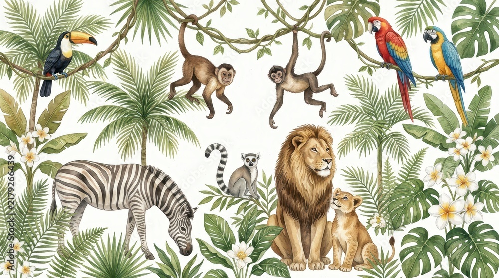 Fototapeta premium Watercolor Jungle Animals and Tropical Plants Illustration with Lion, Zebra, Monkeys, and Exotic Birds on White Background