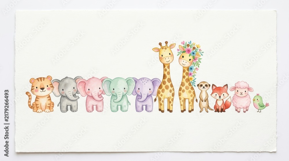 Obraz premium Cute Watercolor Safari and Farm Animals Illustration for Nursery Decor and Kids Design