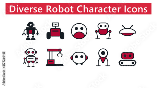 Robot Character Icons with Humanoid Wheeled and Industrial Styles