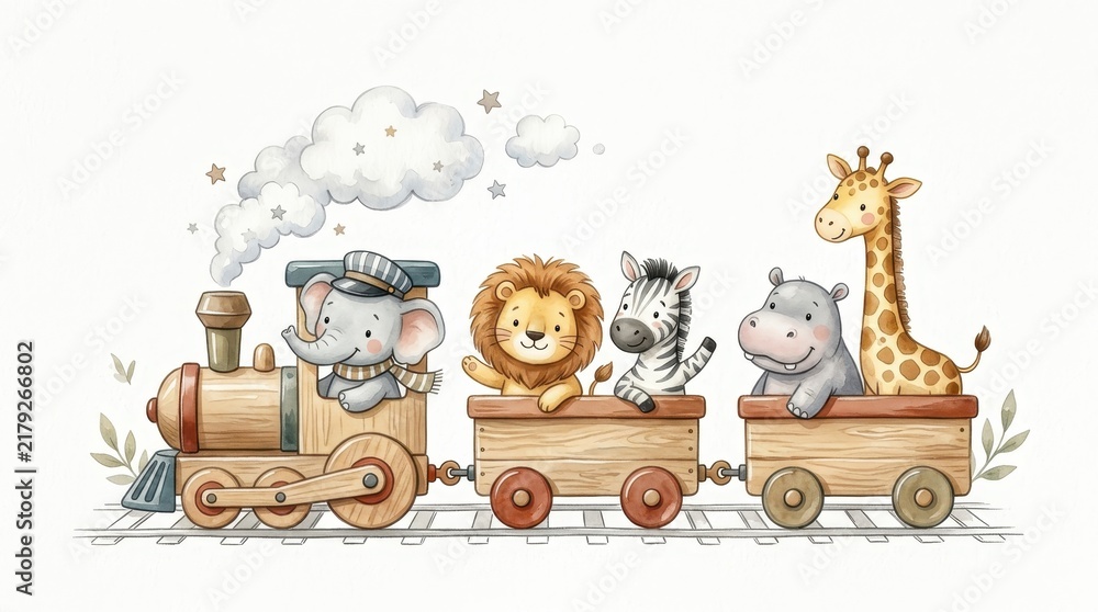 Obraz premium Cute Watercolor Safari Animals on a Toy Train Illustration for Nursery Decor and Kids Room Wall Art
