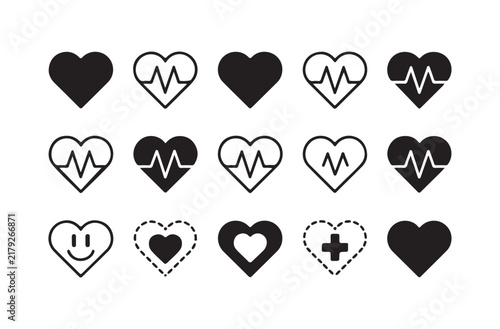 Heartbeat line icons and solid hearts with medical symbols on transparent background.