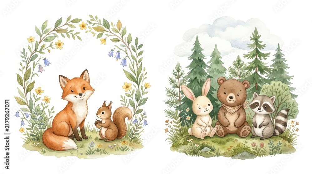 Obraz premium Cute Watercolor Woodland Animals Set with Fox Squirrel Bear Rabbit and Raccoon in Forest and Floral Frame Illustrations