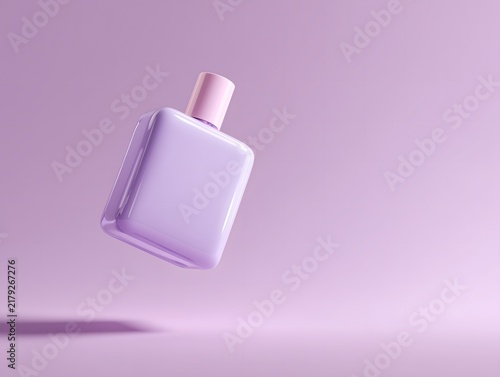 Minimal cosmetic bottle floating in a soft purple studio setting with abstract spheres and shadows