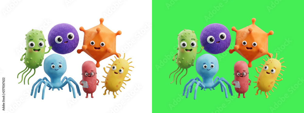 Fototapeta premium Cute cartoon microorganisms characters 3D render
