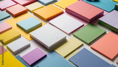 Colorful paper cards arranged in a geometric composition with layered shapes and soft shadows