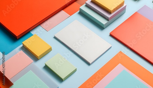 Colorful paper cards arranged in a geometric composition with layered shapes and soft shadows