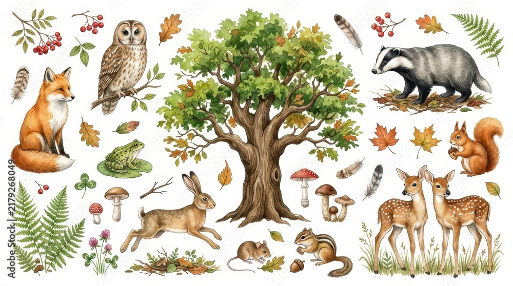 Fototapeta premium Watercolor Forest Animals and Nature Elements Collection with Fox, Owl, Deer, and Oak Tree