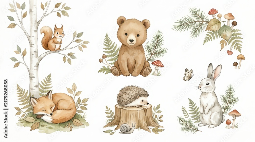 Obraz premium Watercolor Woodland Animals Set with Bear Fox Rabbit Squirrel and Hedgehog for Nursery Decor and Scrapbooking