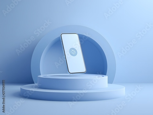 Smartphone product mockup on a minimalist blue pedestal with wireless connectivity and soft studio lighting