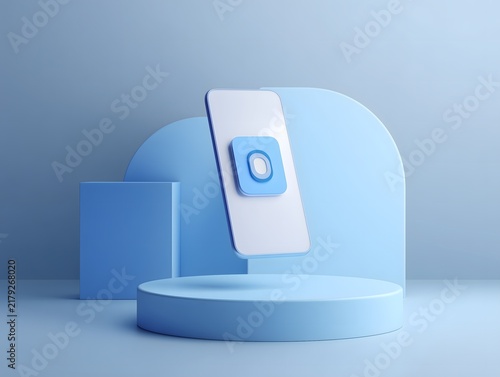 Smartphone product mockup on a minimalist blue pedestal with wireless connectivity and soft studio lighting
