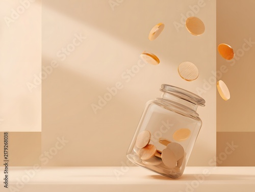 Glass jar with golden capsules in a warm minimalist setting, featuring floating capsules and soft sunlight